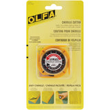 OLFA Chenille Cutter in yellow packaging with orange circular cutting tool featuring black dial and measurement markings.