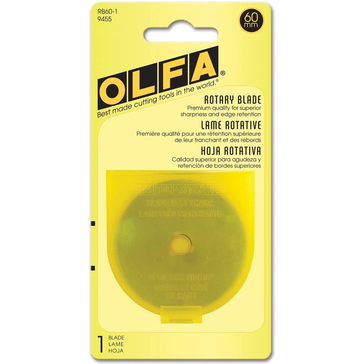 Yellow packaging containing a single 60mm circular rotary blade for cutting tools, with OLFA branding and multilingual product information.