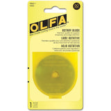 Yellow packaging containing a single 60mm circular rotary blade for cutting tools, with OLFA branding and multilingual product information.