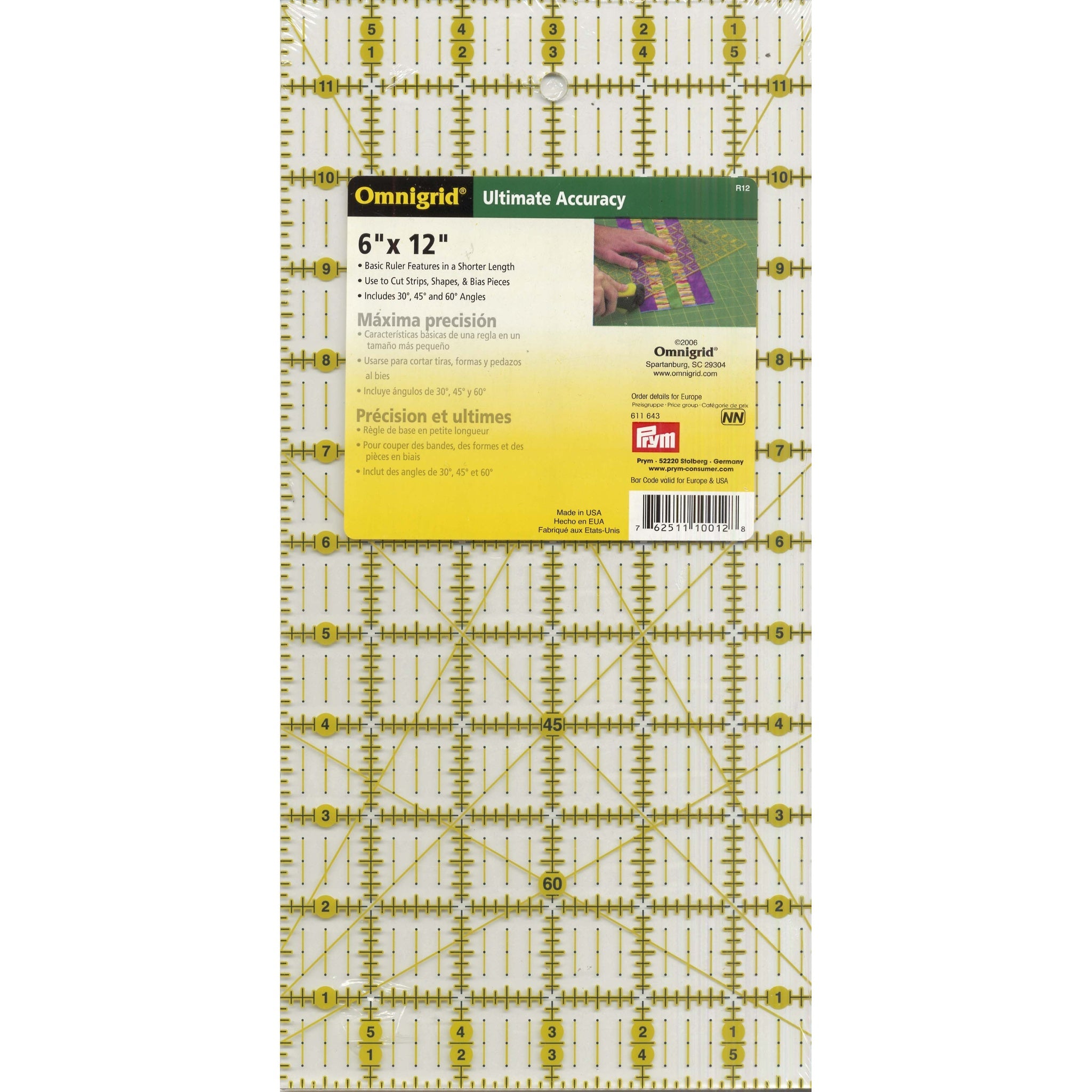 Clear acrylic quilting ruler with yellow grid lines and measurements, featuring diagonal angle guides and numbered increments from 1-12 inches.