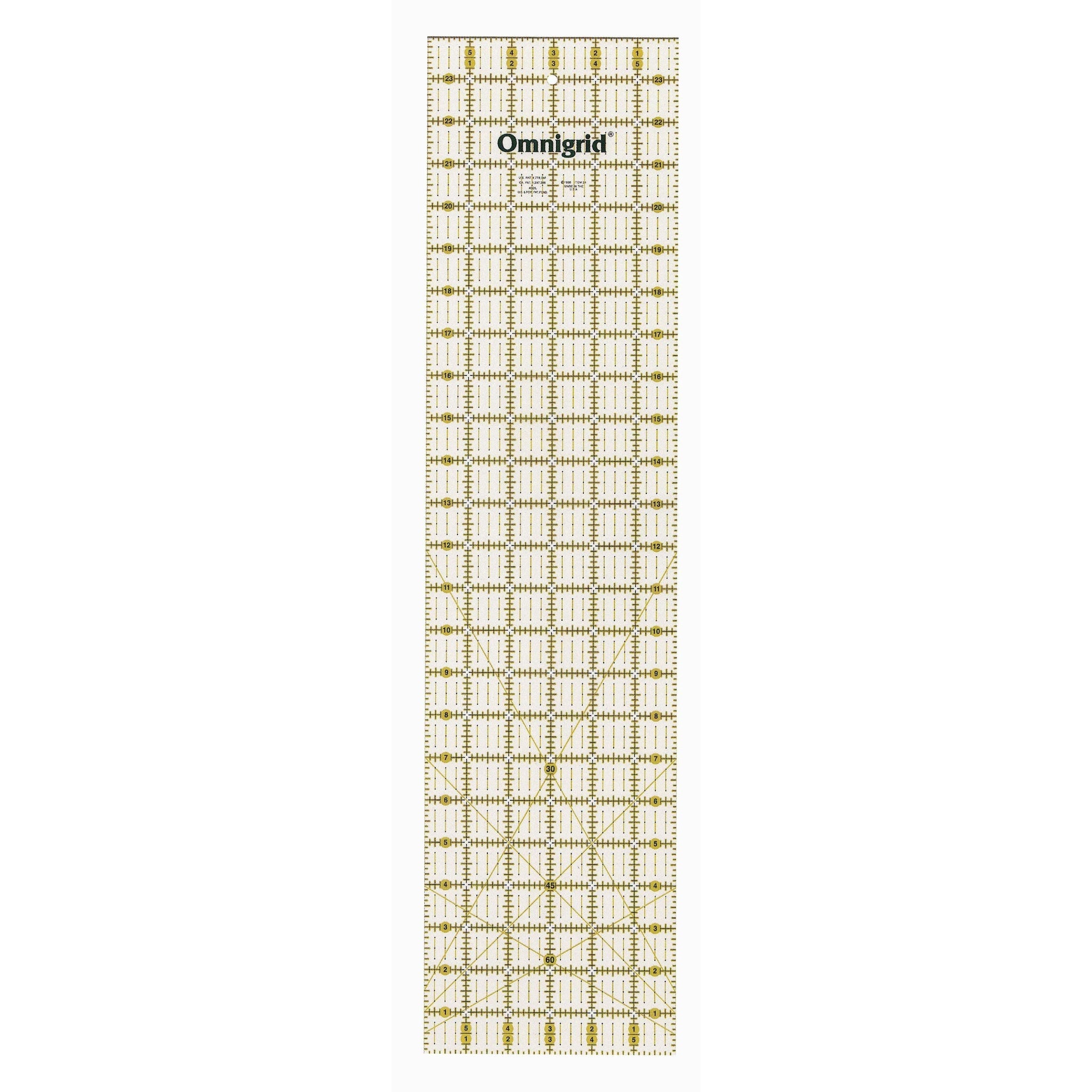 Clear acrylic quilting ruler with yellow grid lines and measurement markings, branded "Omnigrid" at the top.