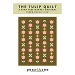 A quilt pattern featuring pink tulips and sage green leaves arranged in vertical rows on a brown background, with geometric star accents between the floral motifs.