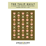 A quilt pattern featuring pink tulips and sage green leaves arranged in vertical rows on a brown background, with geometric star accents between the floral motifs.