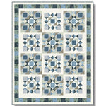 A blue and gray geometric quilt pattern featuring star blocks arranged in a 4x3 grid with coordinating borders.