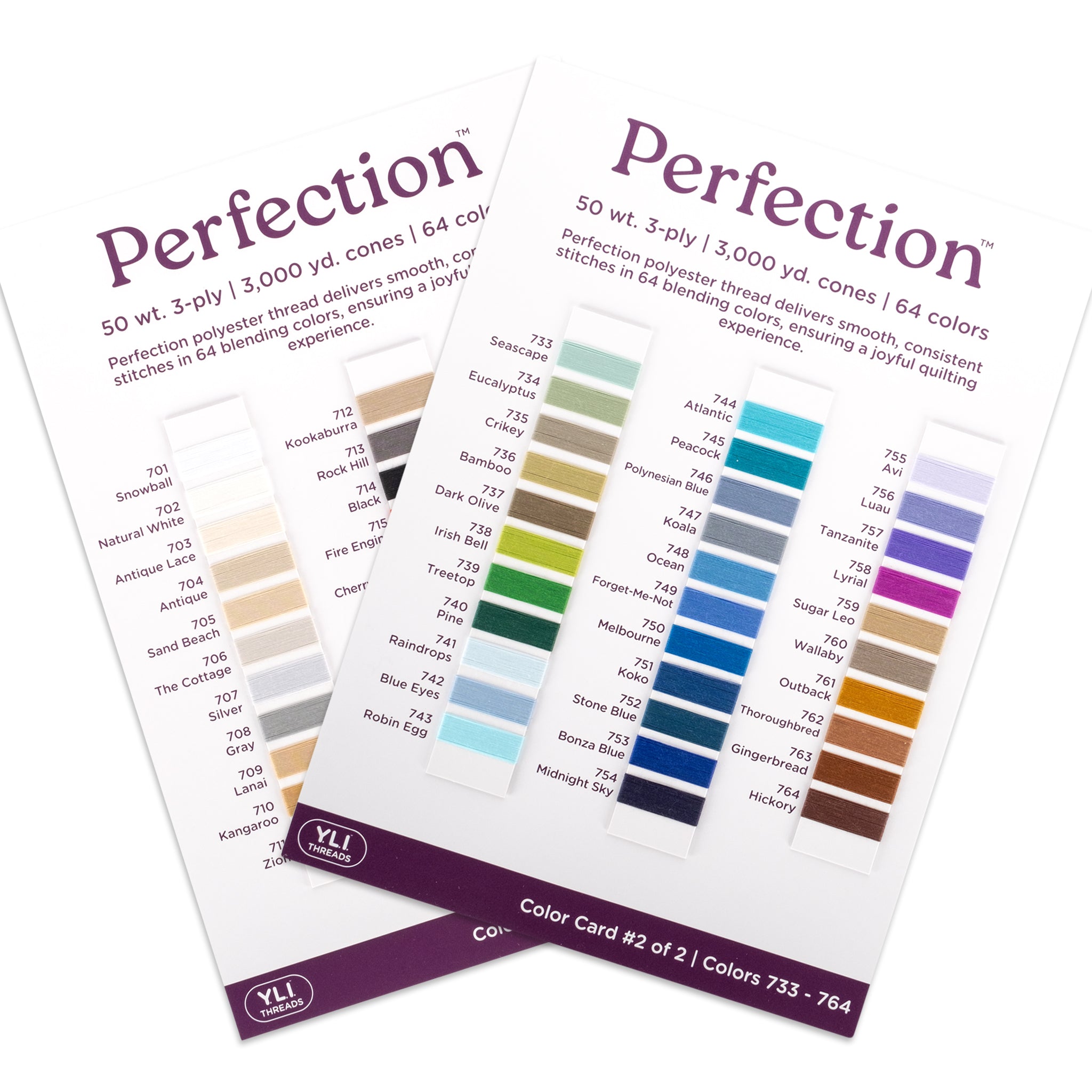 Color chart with 64 Perfection polyester thread samples, from whites and neutrals to vibrant blues, greens, and earth tones.