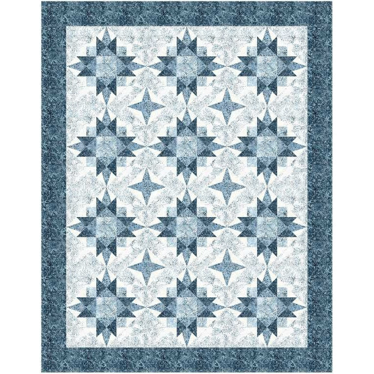 Blue and white batik quilt featuring repeating star pattern blocks with decorative border in coordinating blue fabric.