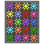 Colorful star quilt pattern featuring vibrant multi-colored star blocks arranged in rows on a dark gray background with matching border.