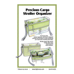 Green and white stroller organizer sewing pattern showing a rectangular bag with multiple pockets and adjustable straps for stroller attachment.
