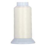 Off-white thread on white cone spool with light blue plastic top and base