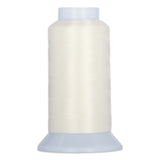 Off-white thread on white cone spool with light blue plastic top and base