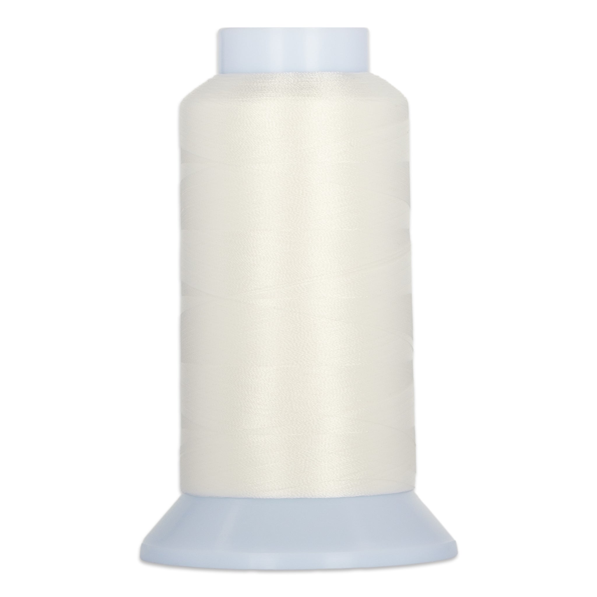 Off-white thread on white cone spool with light blue plastic top and base