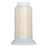 Ivory thread wound on white plastic cone spool with wide base and narrow top