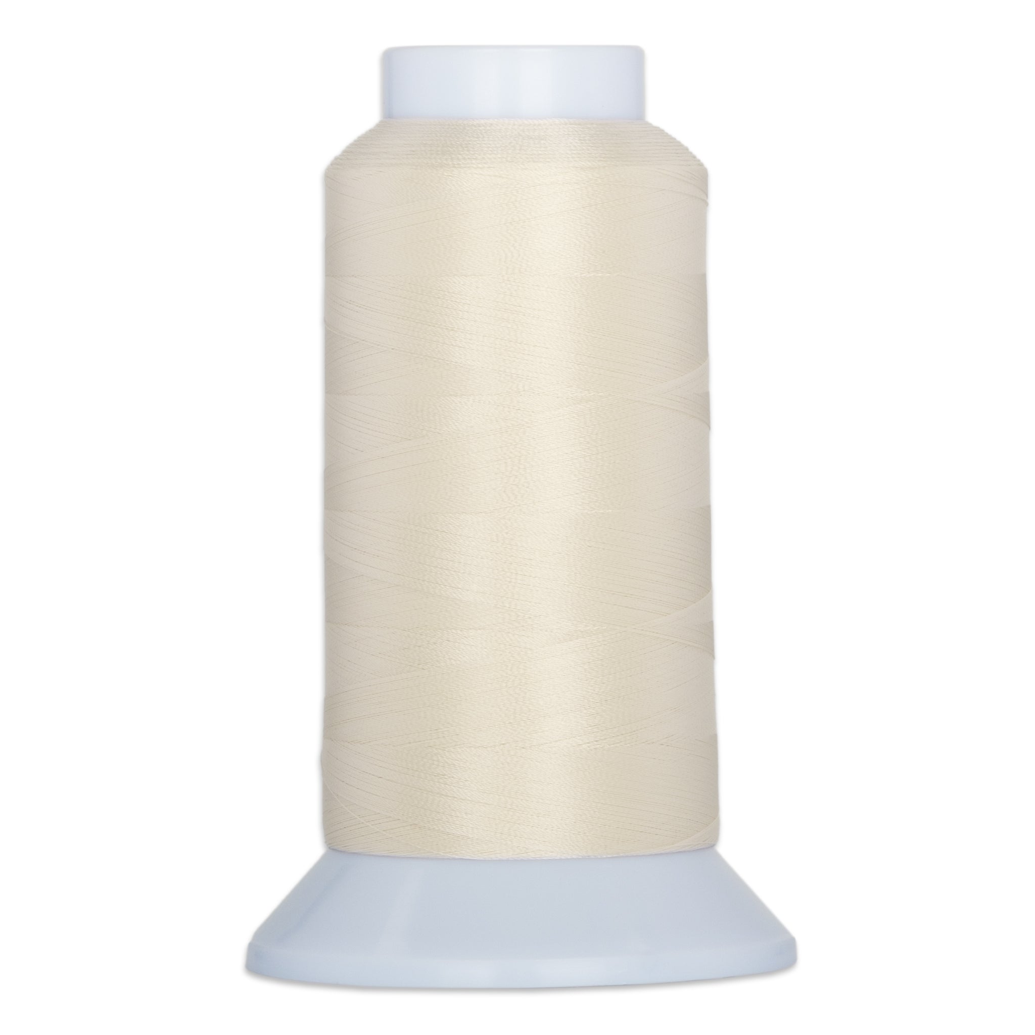 Ivory thread wound on white plastic cone spool with wide base and narrow top