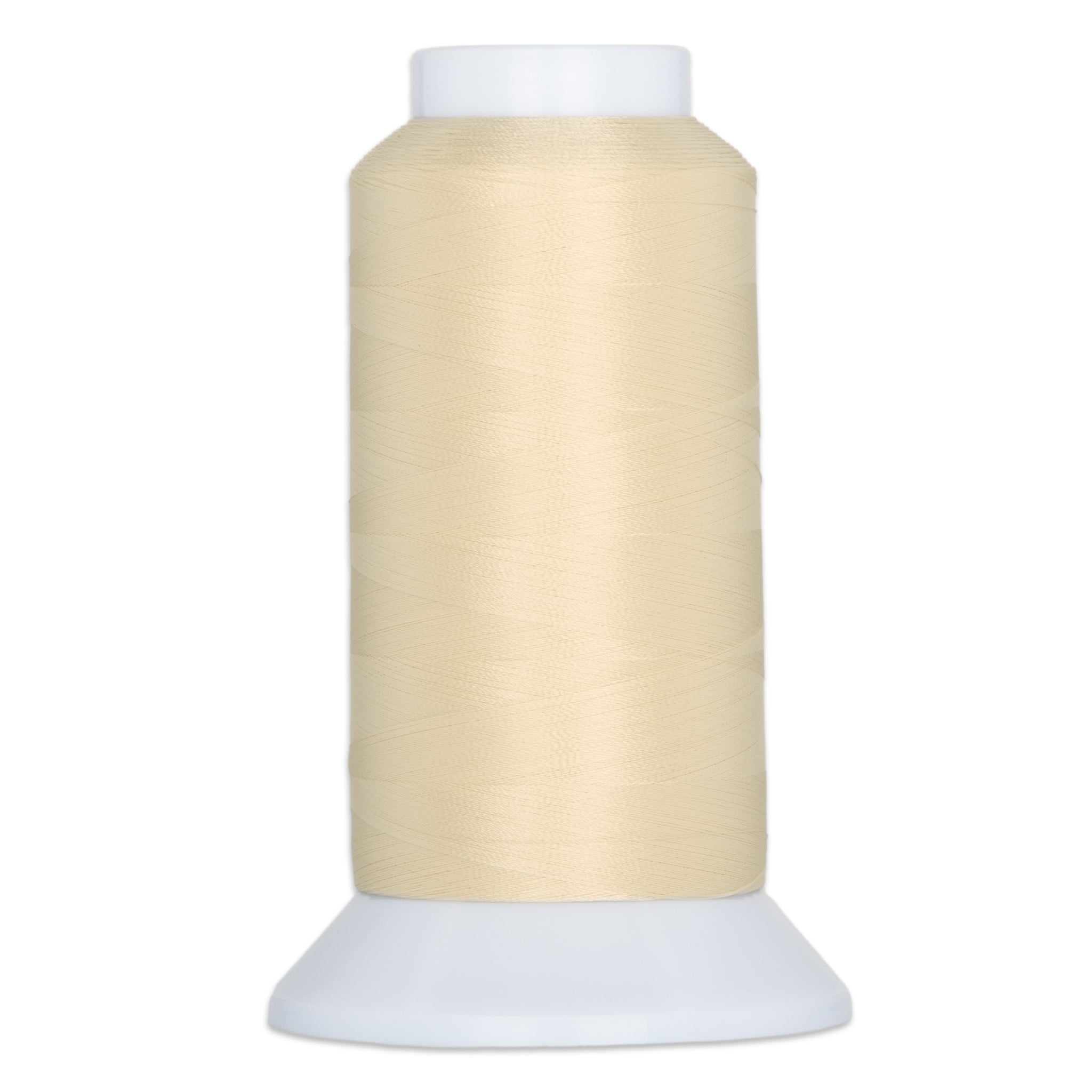 Cream-colored thread wound on white plastic cone spool with wide base