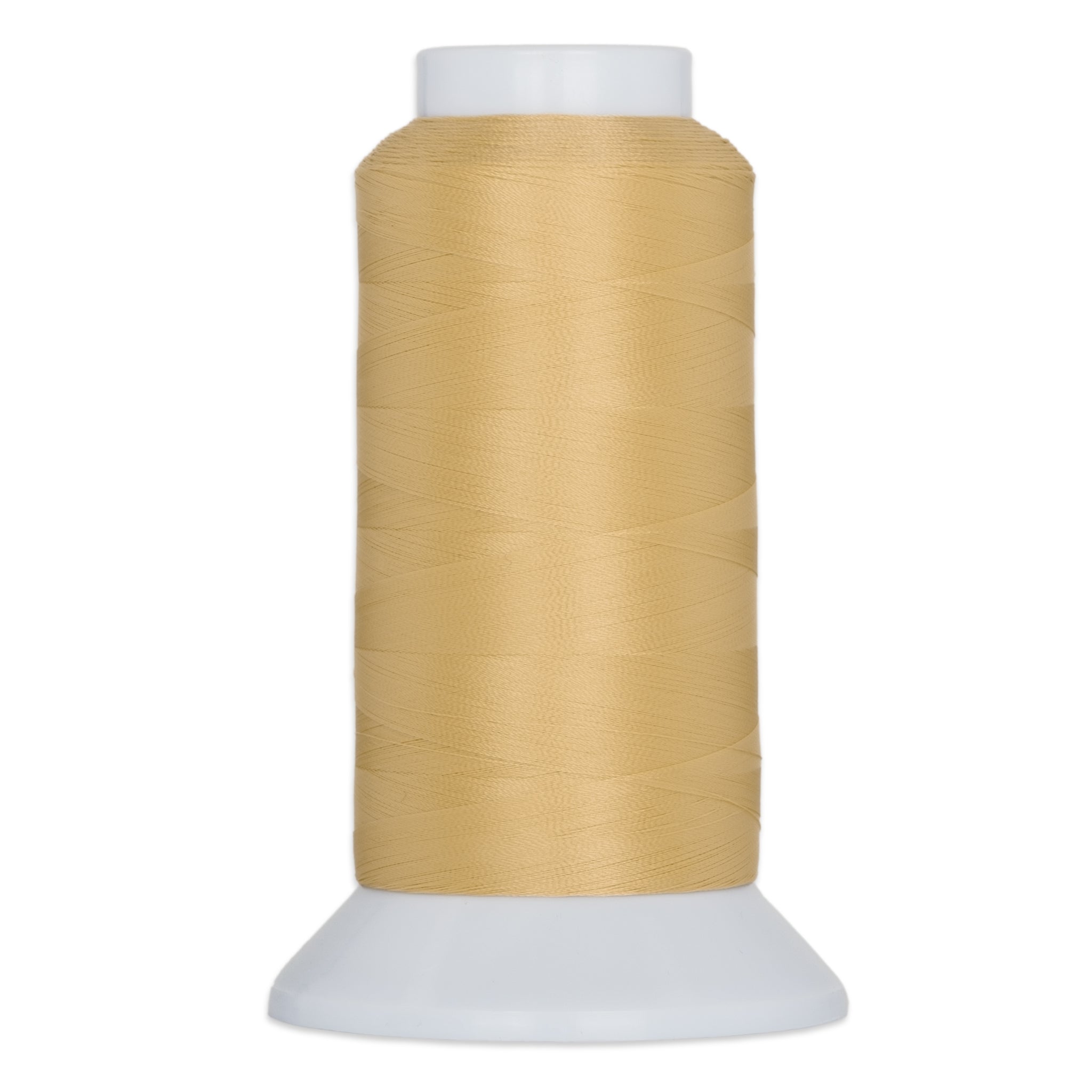 Light gold thread wound on white plastic cone spool with wide base