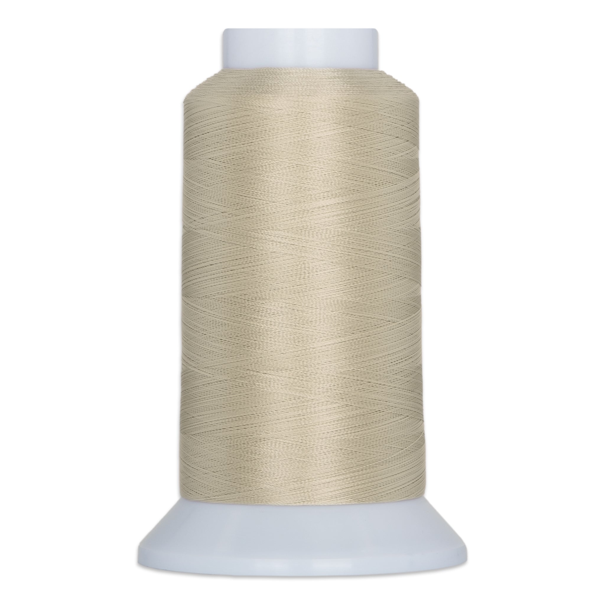 Stepping stone beige thread wound on white plastic cone spool against white background