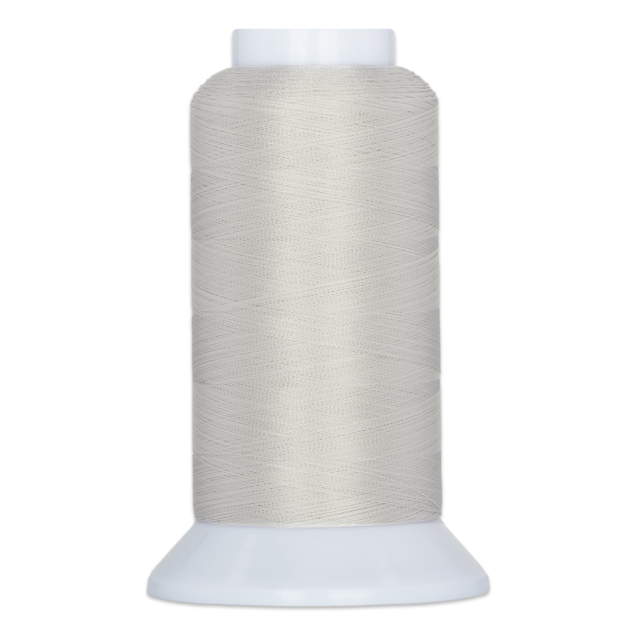 Off-white thread wound on white plastic cone spool with wide base