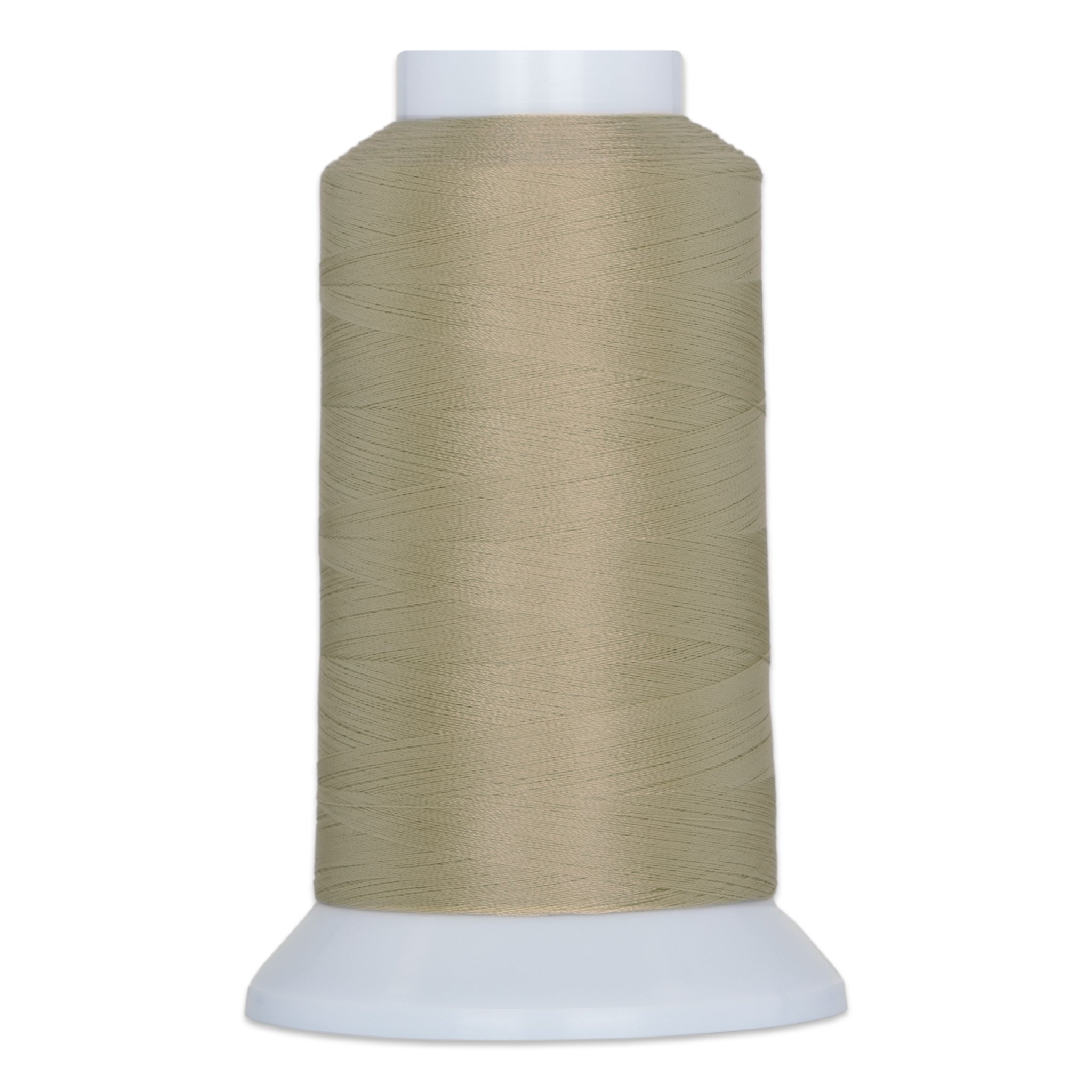 Flagstone colored thread wound on white plastic cone spool with tapered base and top cap