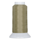 Khaki colored thread wound on white plastic cone spool with visible thread texture and clean wrapping