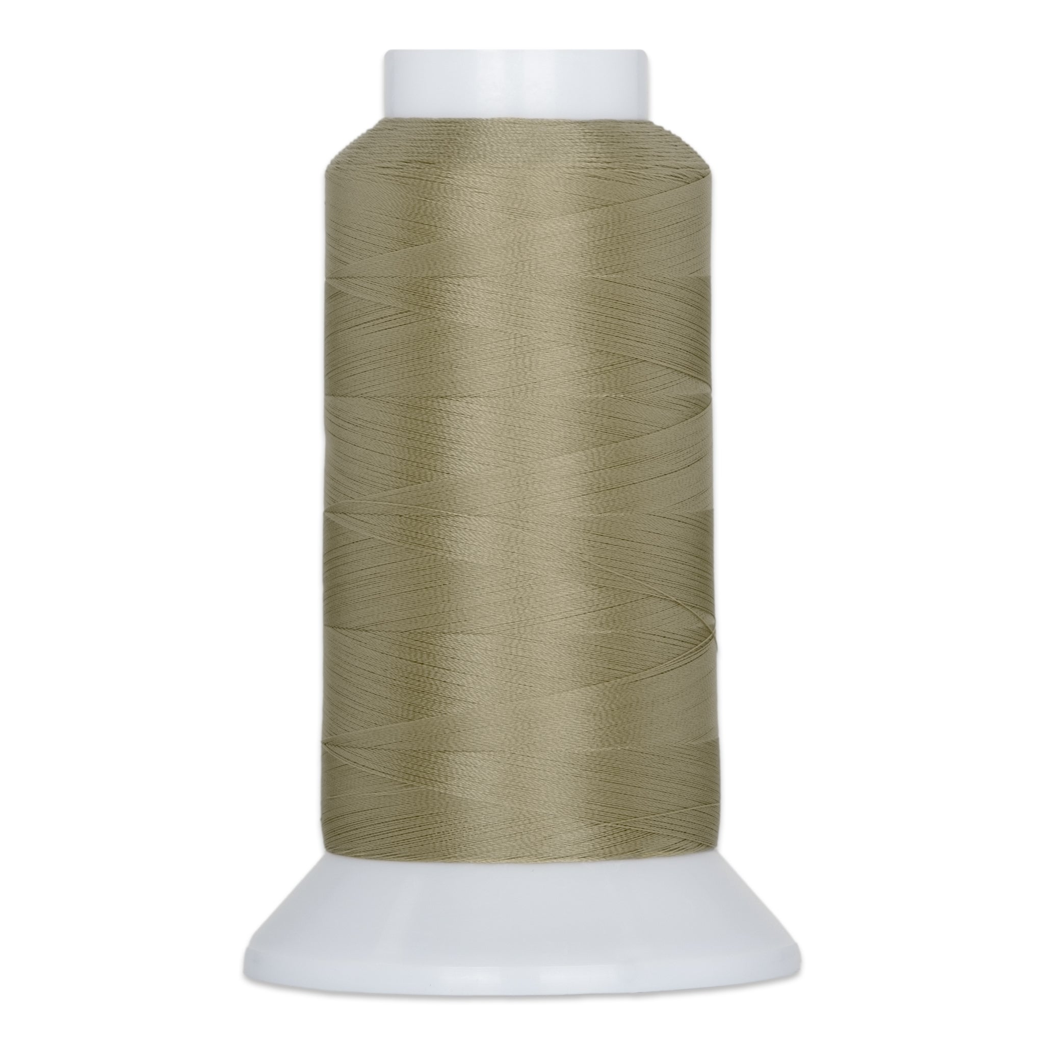 Khaki colored thread wound on white plastic cone spool with visible thread texture and clean wrapping