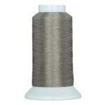 Slate gray thread wound on white plastic cone spool with smooth, even threading pattern