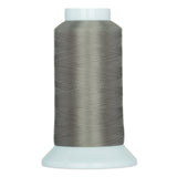 Slate gray thread wound on white plastic cone spool with smooth, even threading pattern