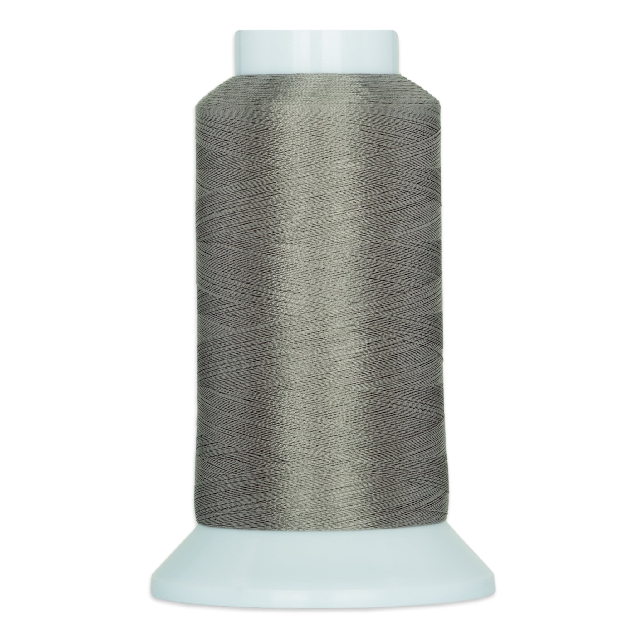 Slate gray thread wound on white plastic cone spool with smooth, even threading pattern