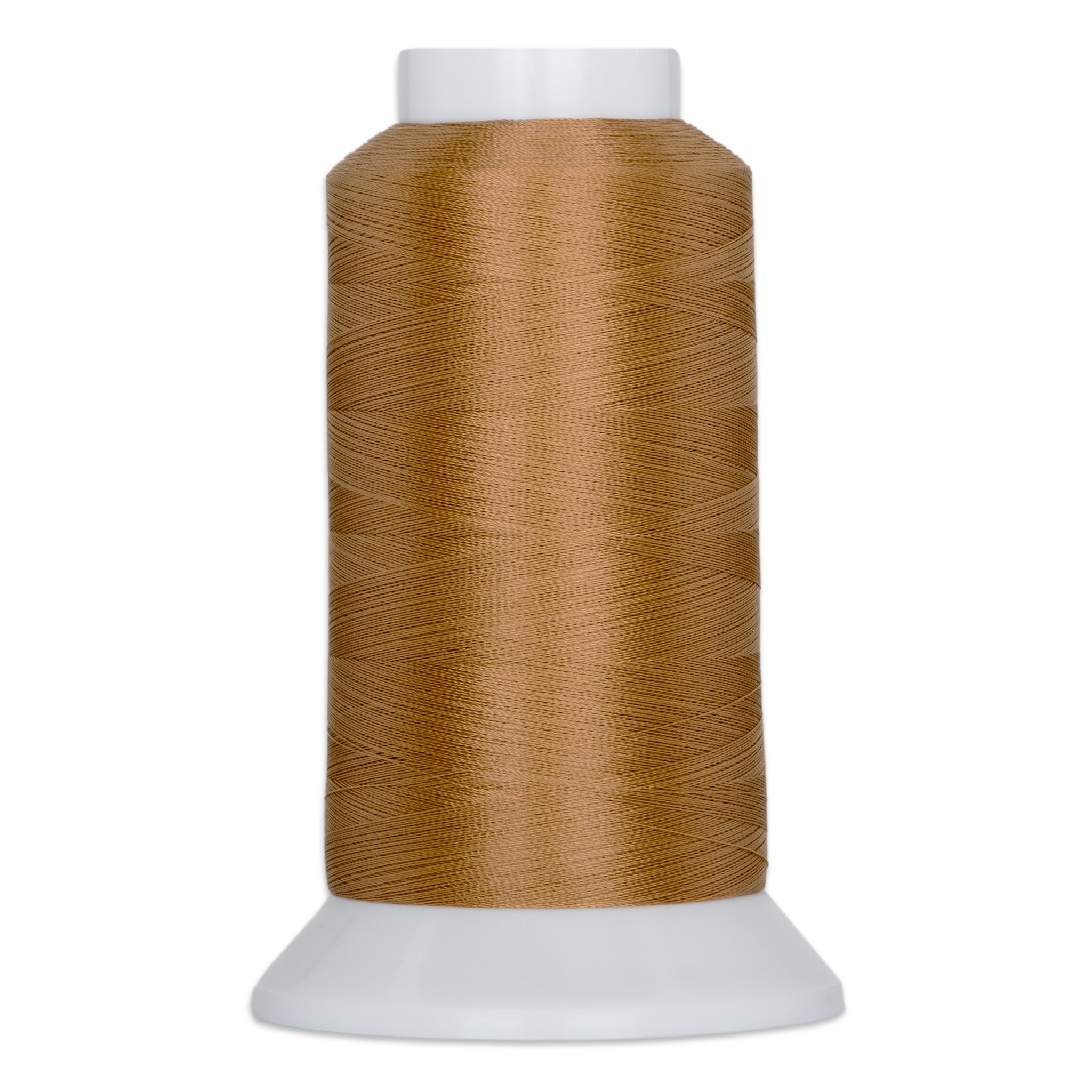 Toffee brown thread wound on white plastic cone with cone-shaped base