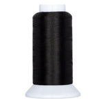 Black thread wound on white plastic cone spool against white background