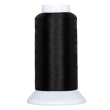Black thread wound on white plastic cone spool against white background