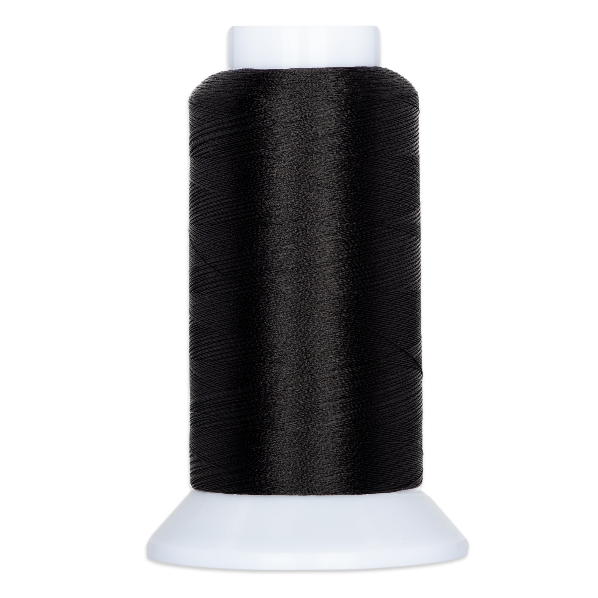 Black thread wound on white plastic cone spool against white background