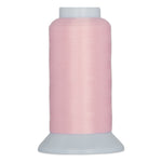 Pink carnation colored thread wound on a cone-shaped spool with white plastic base and cap