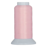 Pink carnation colored thread wound on a cone-shaped spool with white plastic base and cap