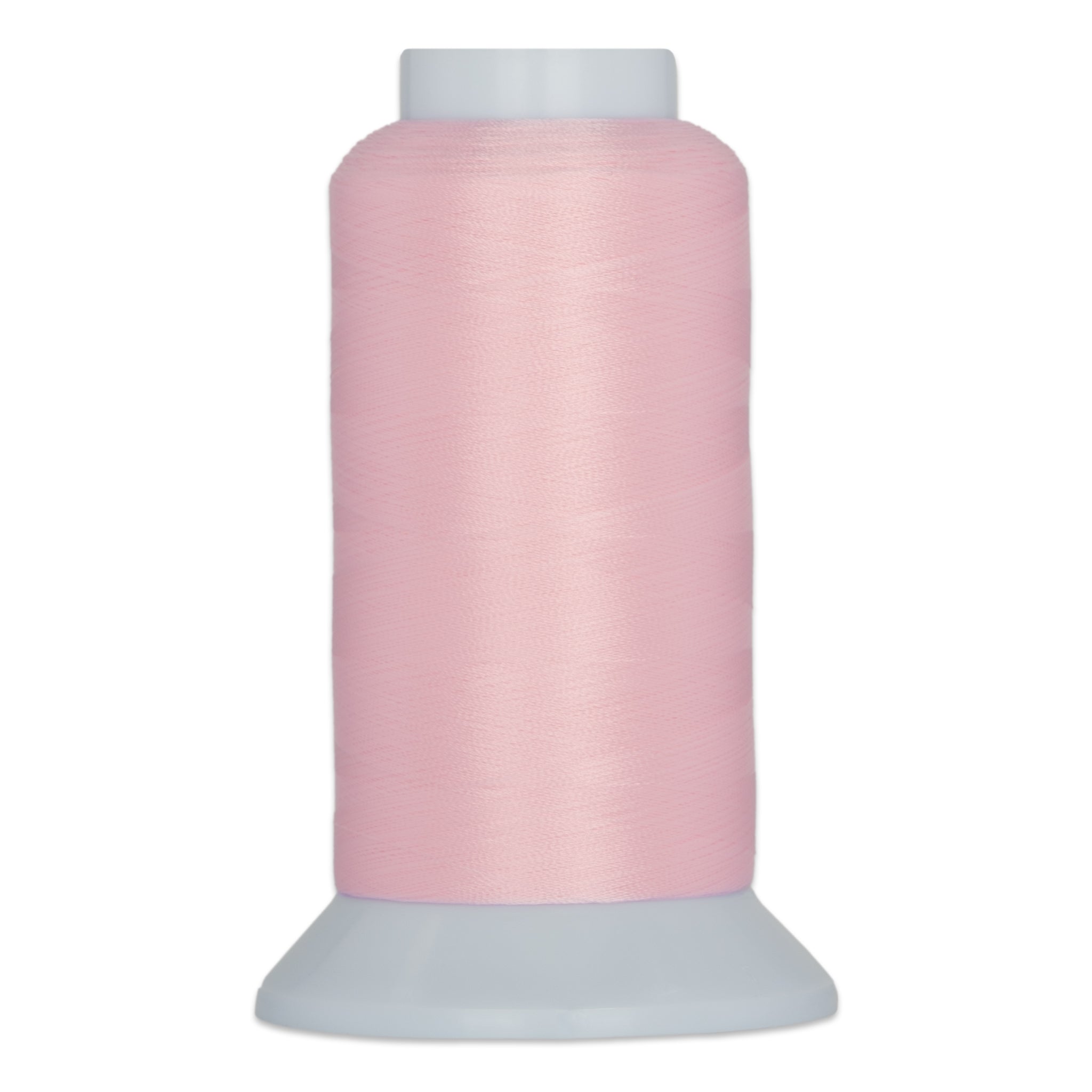 Pink carnation colored thread wound on a cone-shaped spool with white plastic base and cap