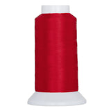 Red thread wound on white plastic cone spool with tapered base and flat top