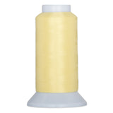 Light yellow thread spool with white plastic top and base, containing banana cream colored sewing thread