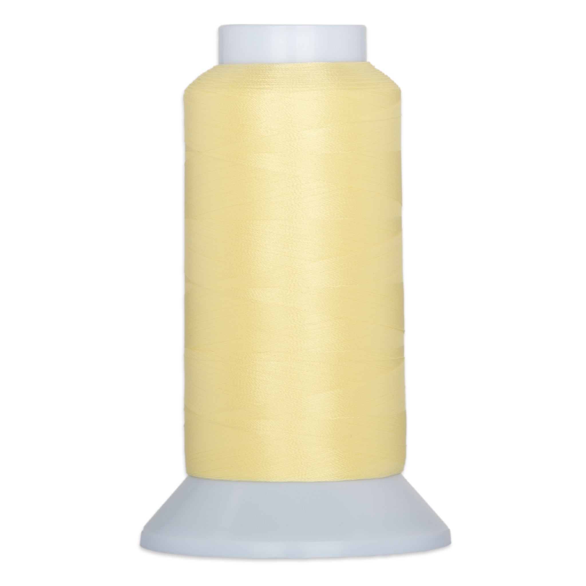 Light yellow thread spool with white plastic top and base, containing banana cream colored sewing thread