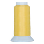 Yellow thread cone on light blue plastic spool with tapered base