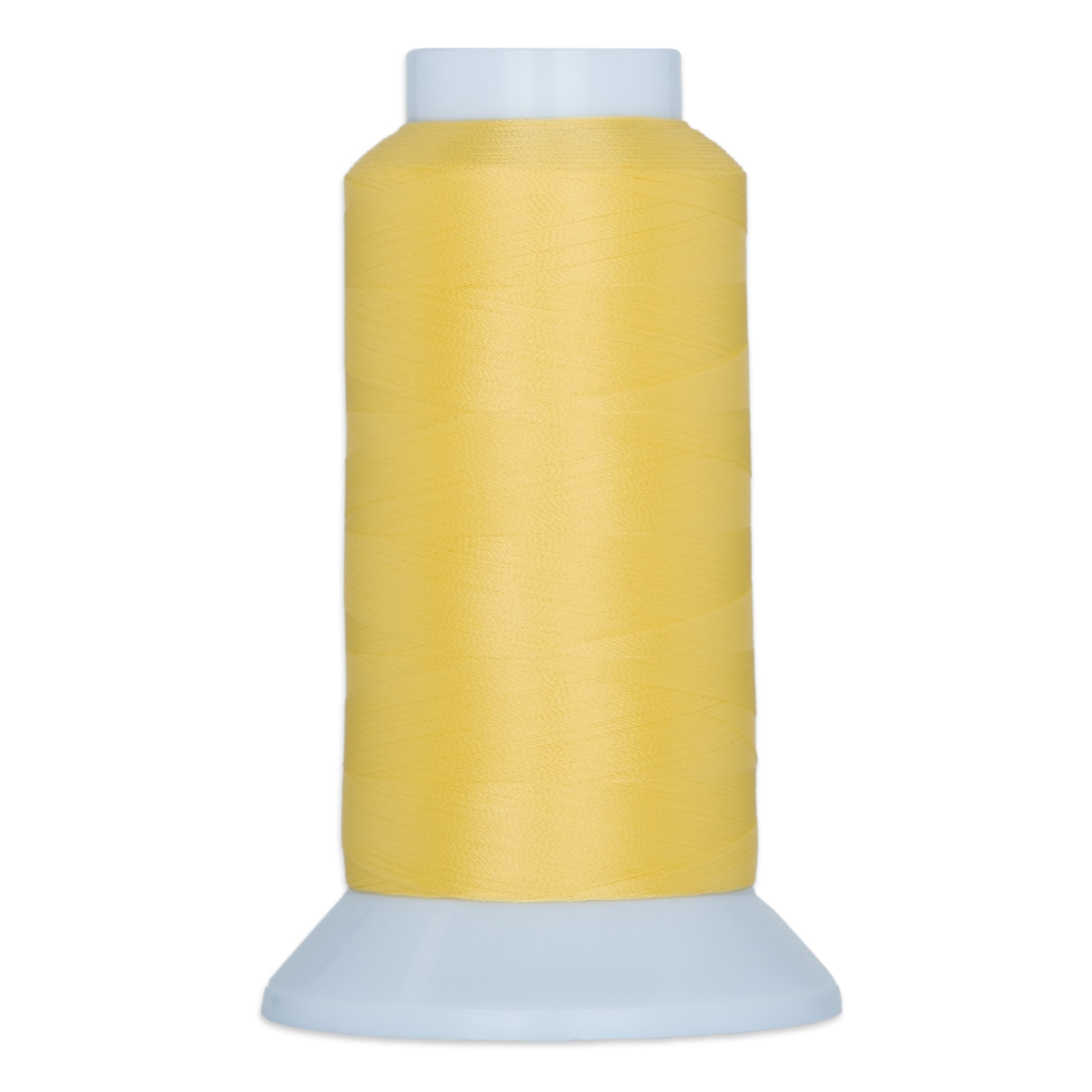 Yellow thread cone on light blue plastic spool with tapered base