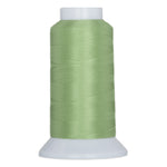 Spearmint green thread wound on white plastic cone with wide base and narrow top