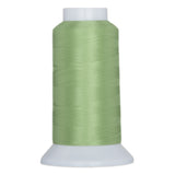 Spearmint green thread wound on white plastic cone with wide base and narrow top