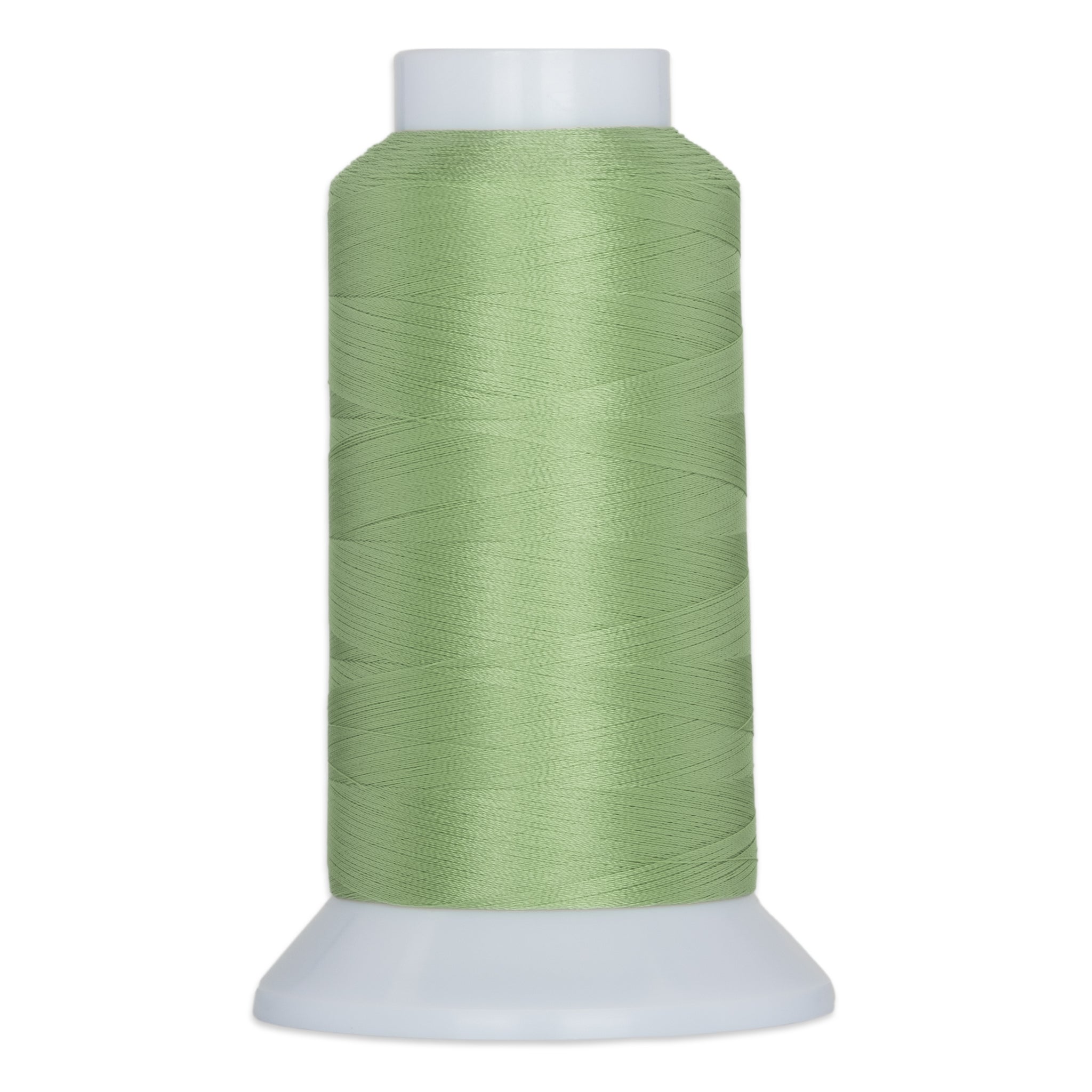 Spearmint green thread wound on white plastic cone with wide base and narrow top