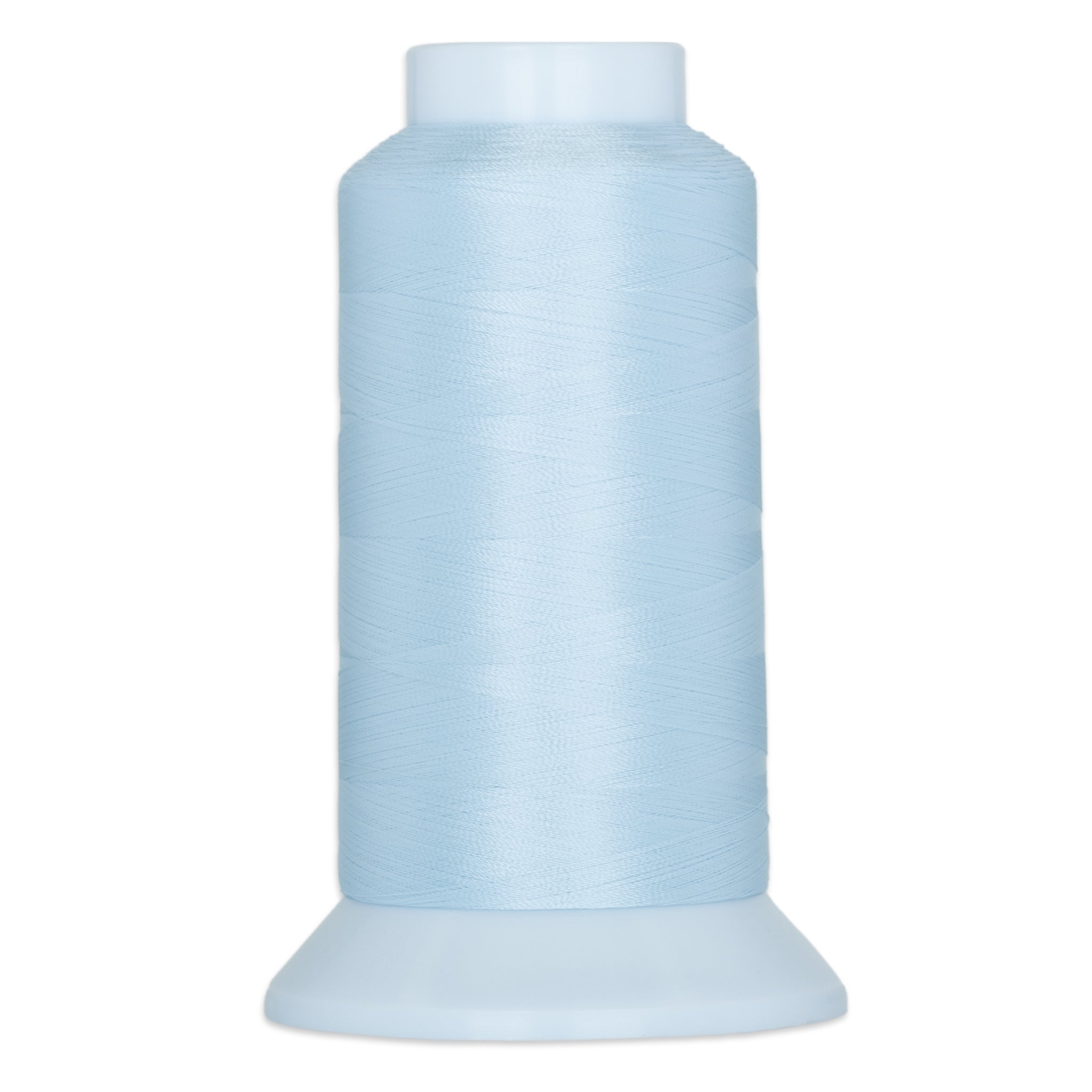 Light blue thread wound on white plastic cone with flared base