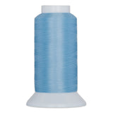Blue pearl thread wound on white plastic cone with wide base