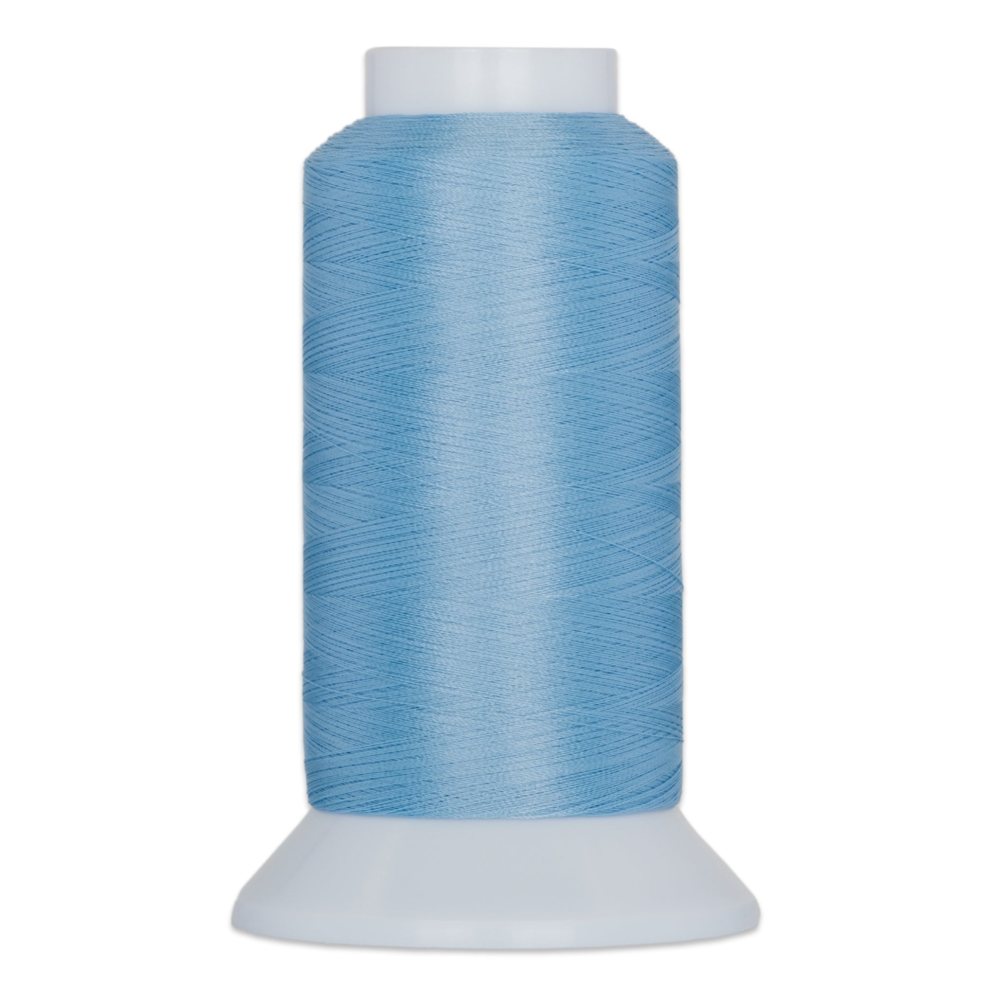 Blue pearl thread wound on white plastic cone with wide base