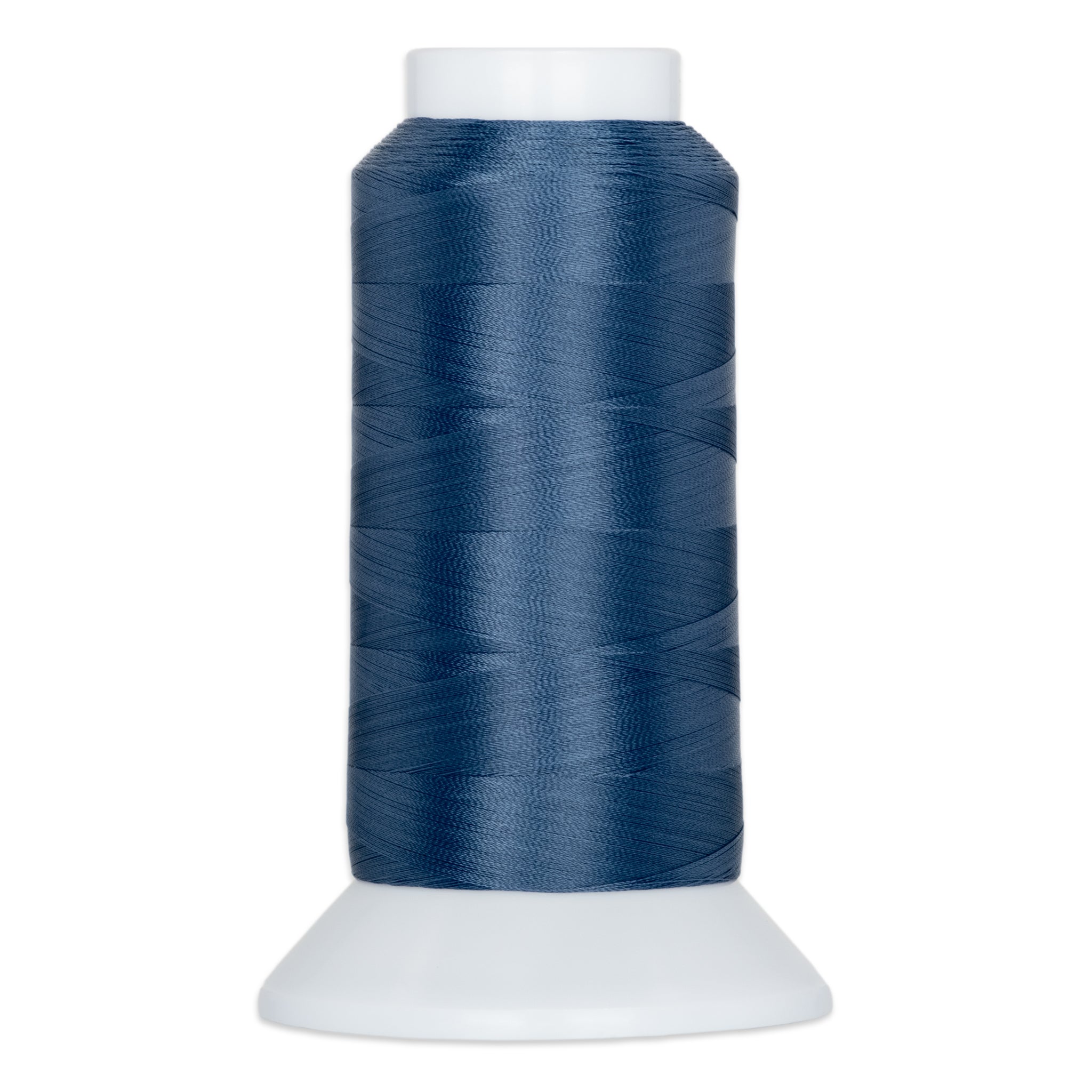 Deep blue thread cone with white plastic cap and base, showing neatly wound polyester thread