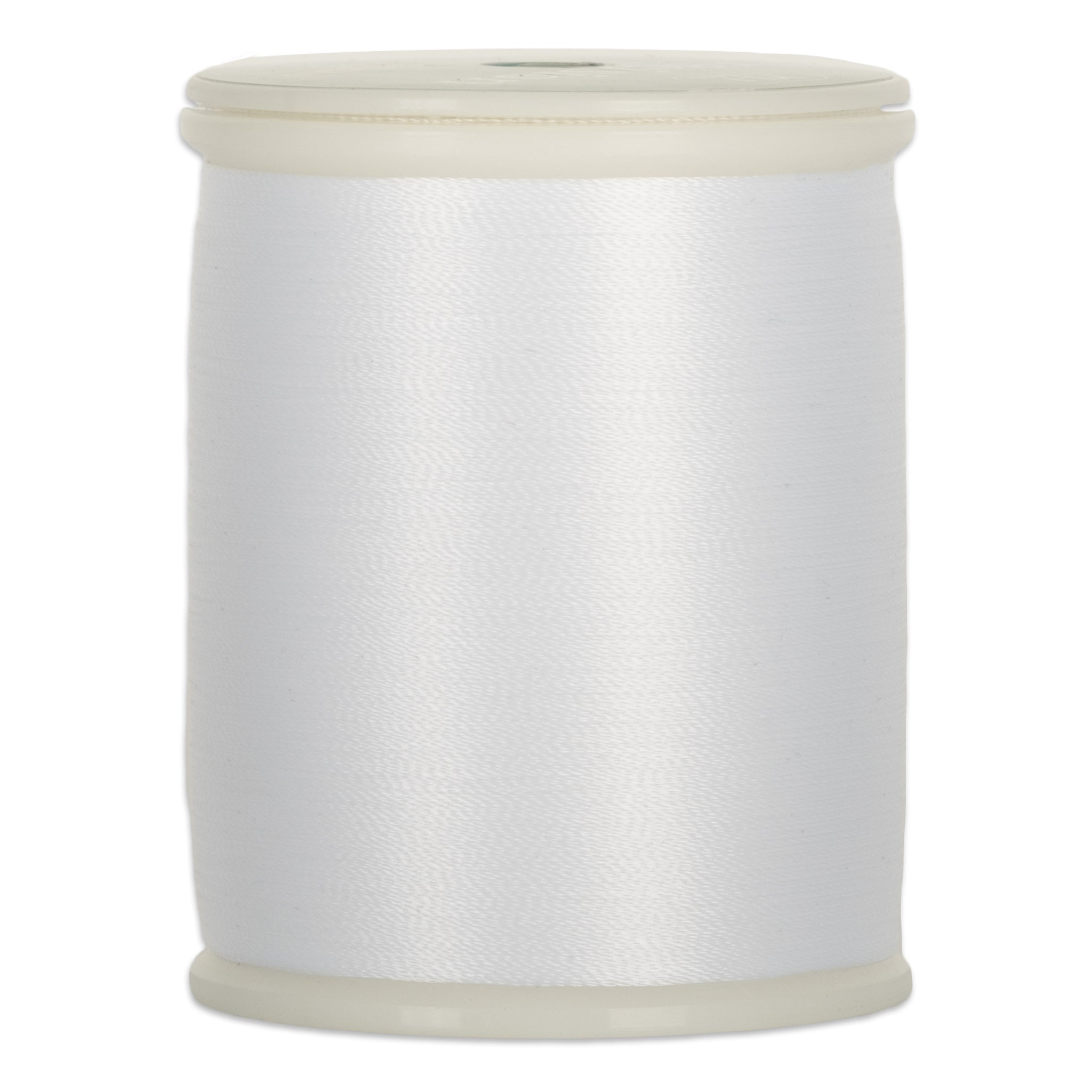 White thread wound on plastic spool with cream-colored end caps