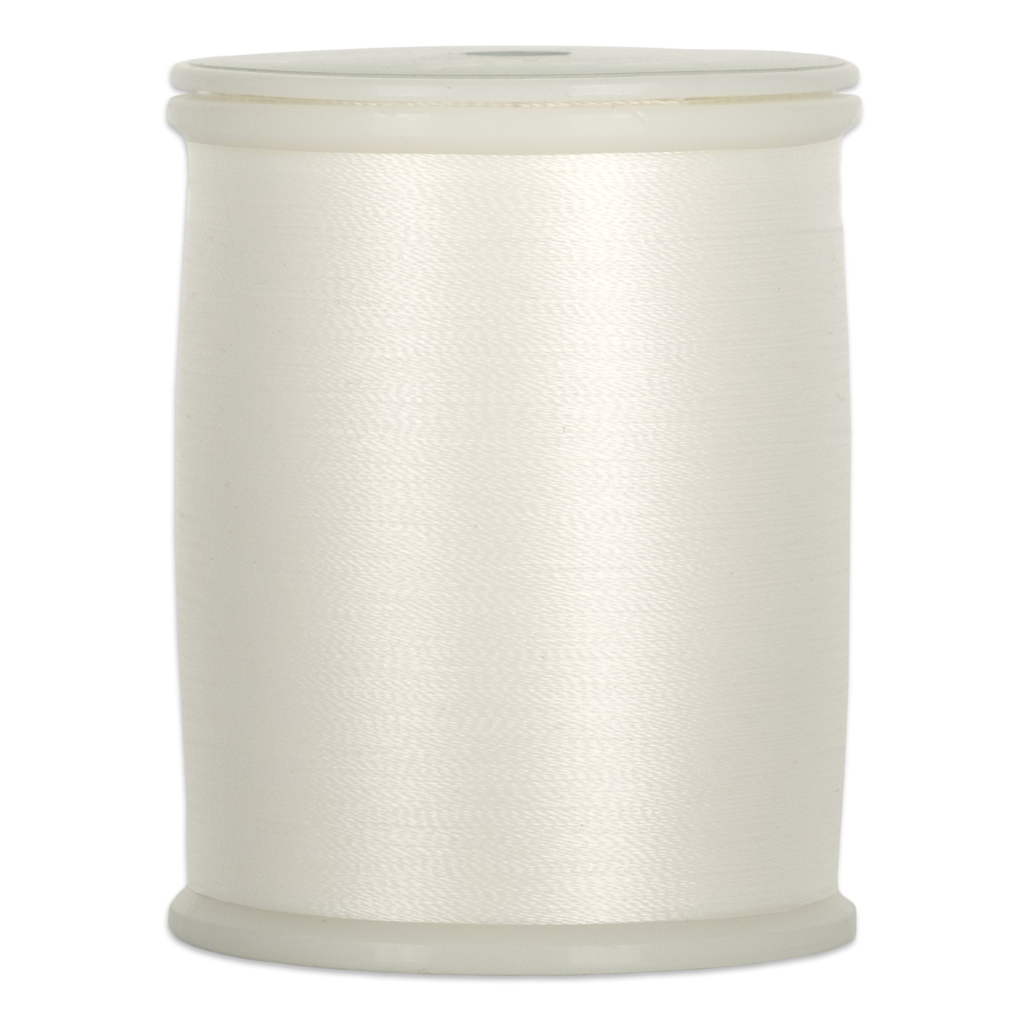 White thread spool with smooth, glossy finish and plastic end caps