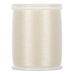 Ivory thread wound on white plastic spool with clear top and bottom caps