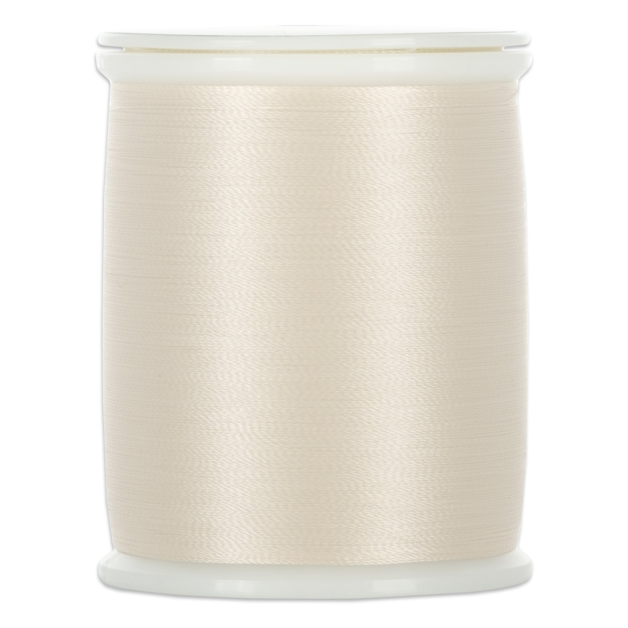 Ivory thread wound on white plastic spool with clear top and bottom caps